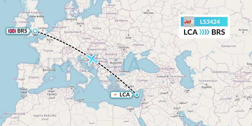 LS3424 Jet2 Flight Map: Larnaca to Bristol