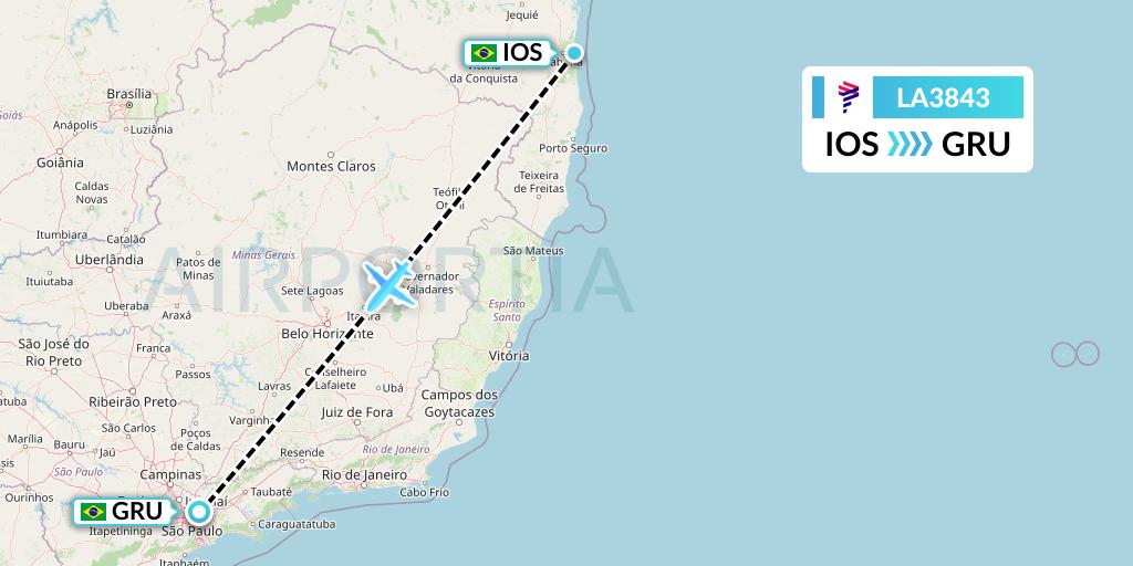 LA3843 LAN Airlines Flight Map: Ilheus to Sao Paulo