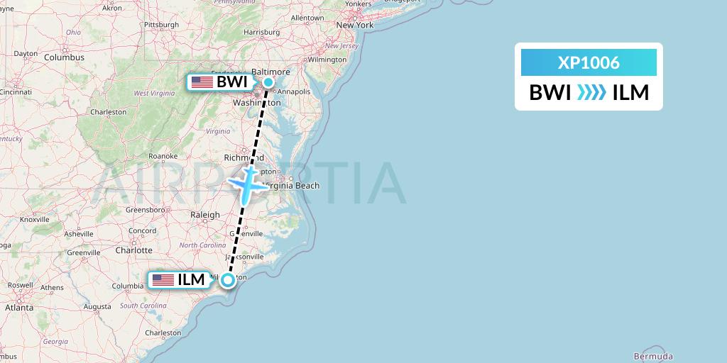 XP1006 Avelo Airlines Flight Map: Baltimore to Wilmington
