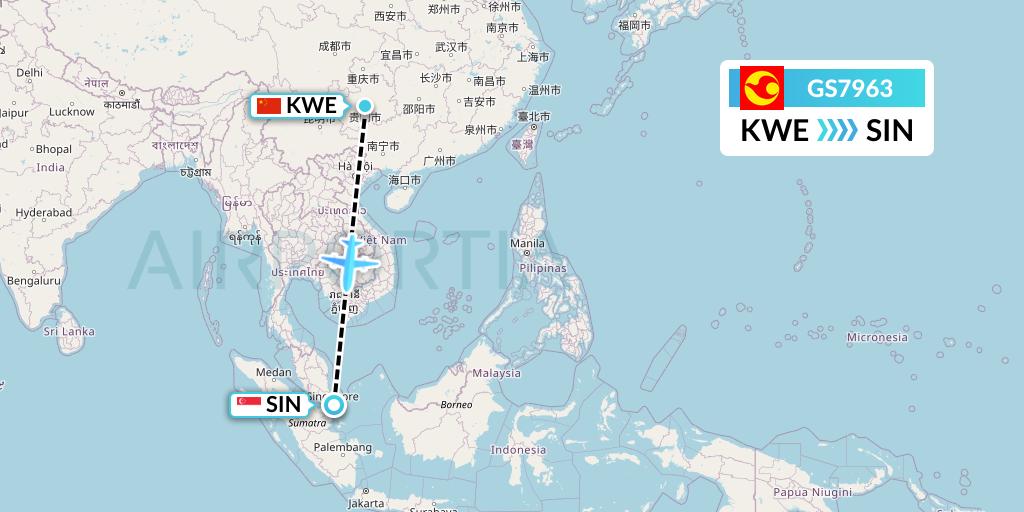 GS7963 Tianjin Airlines Flight Map: Guiyang to Singapore