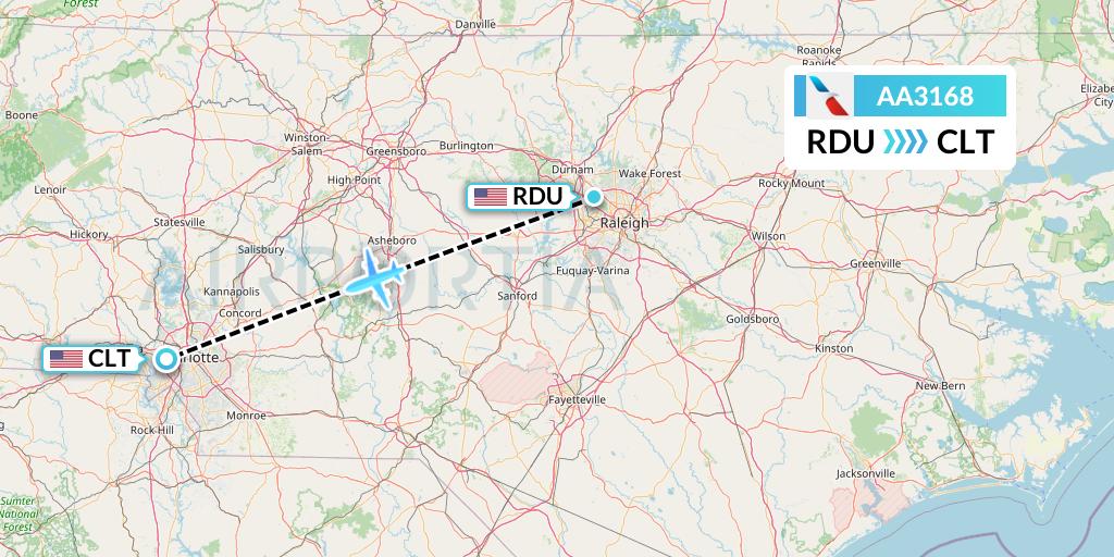 AA3168 American Airlines Flight Map: Raleigh-Durham to Charlotte