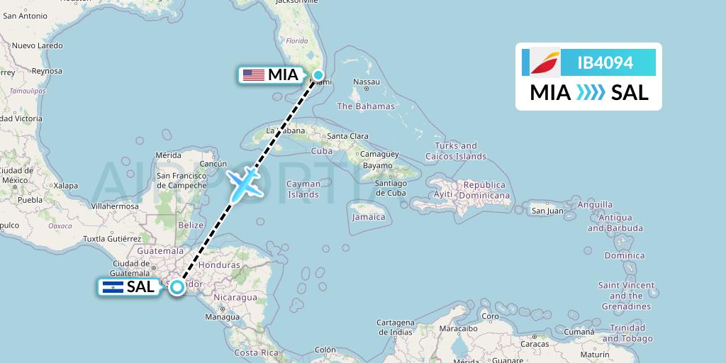 IB4094 Iberia Flight Map: Miami to San Salvador