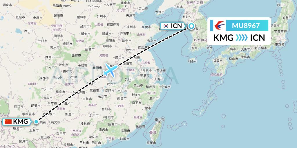 MU8967 China Eastern Airlines Flight Map: Kunming to Seoul