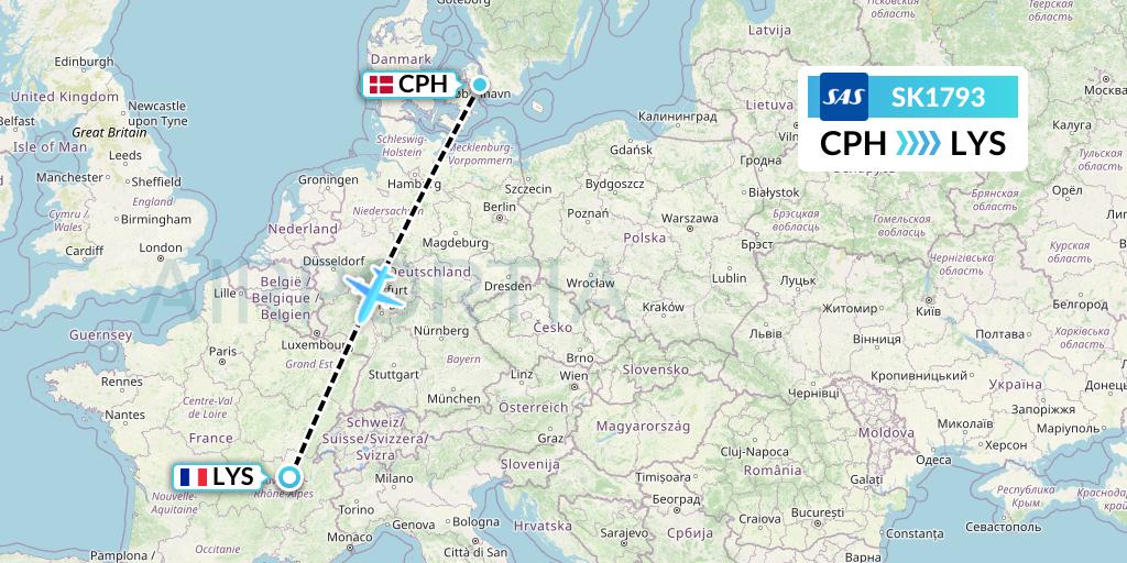 SK1793 SAS Flight Map: Copenhagen to Lyon