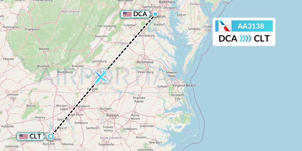 AA3138 American Airlines Flight Map: Washington to Charlotte
