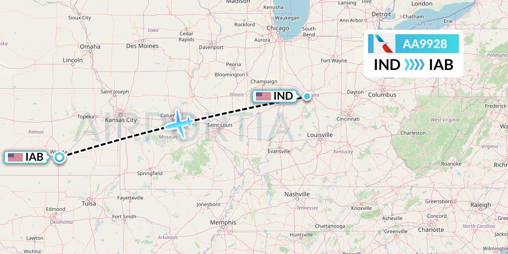 AA9928 American Airlines Flight Map: Indianapolis to Wichita