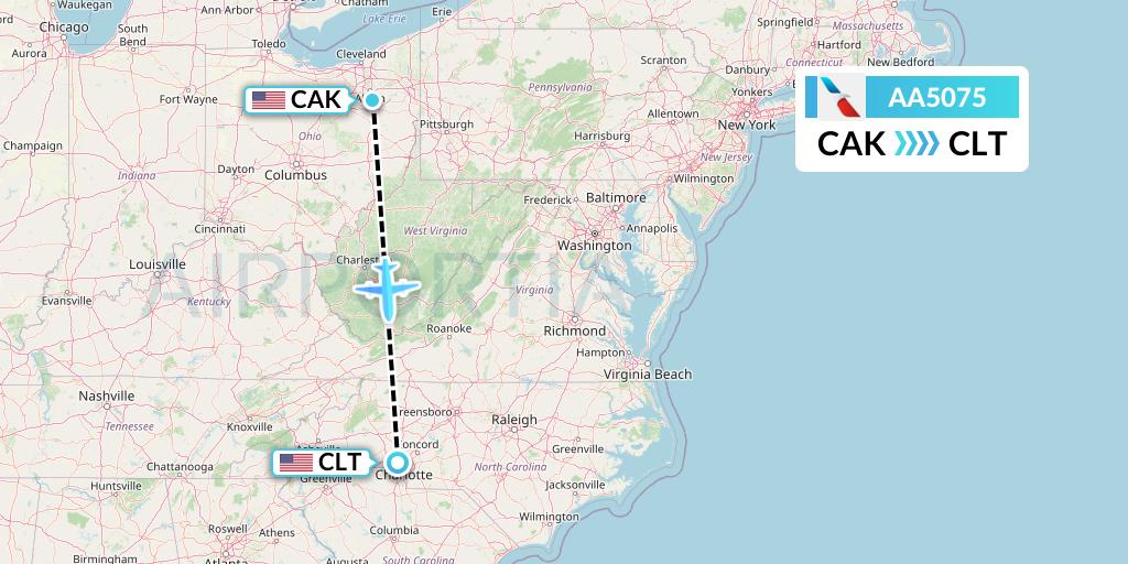 AA5075 American Airlines Flight Map: Akron to Charlotte