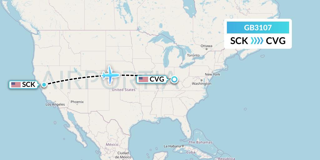 GB3107 ABX Air Flight Map: Stockton to Cincinnati