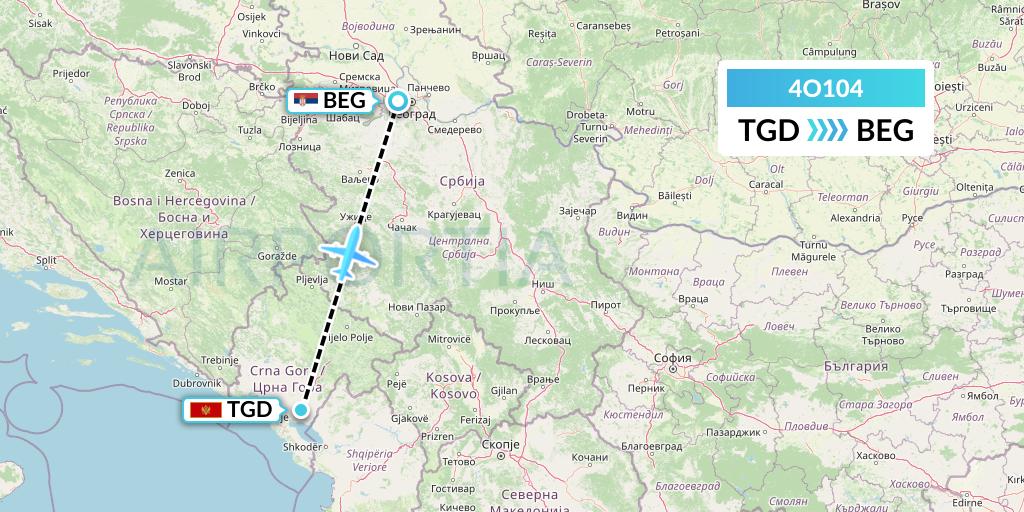 4O104 Air Montenegro Flight Map: Podgorica to Belgrade