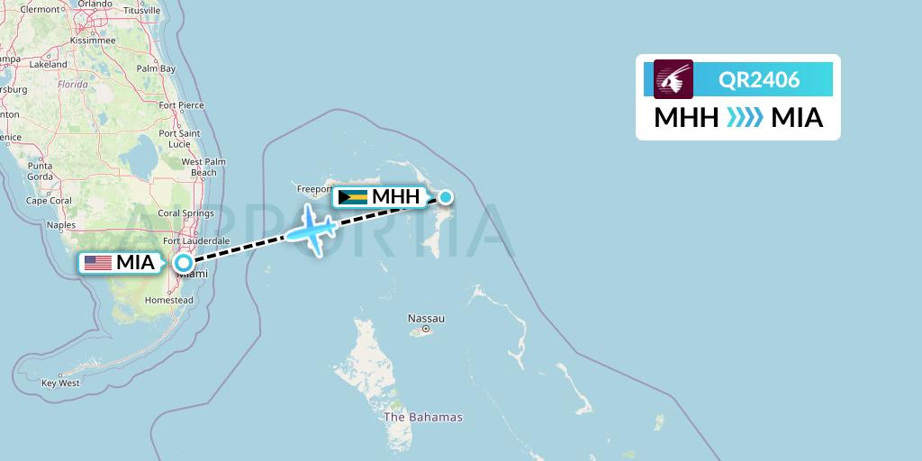 QR2406 Qatar Airways Flight Map: Marsh Harbour to Miami