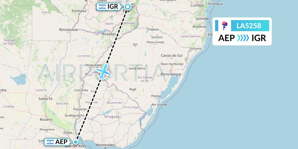 LA5258 LAN Airlines Flight Map: Buenos Aires to Puerto Iguazu
