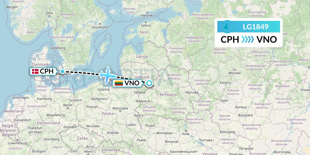 LG1849 Luxair Flight Map: Copenhagen to Vilnius