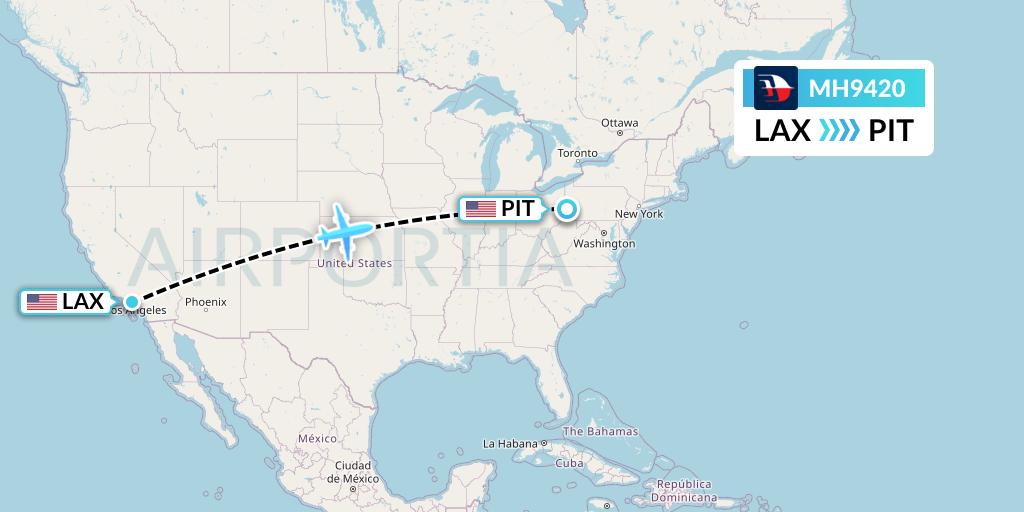 MH9420 Malaysia Airlines Flight Map: Los Angeles to Pittsburgh