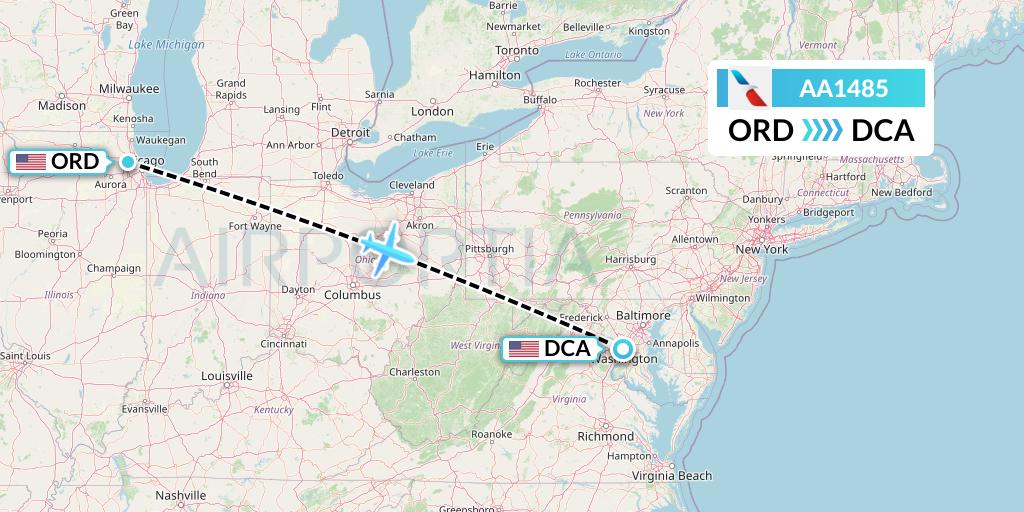 AA1485 American Airlines Flight Map: Chicago to Washington
