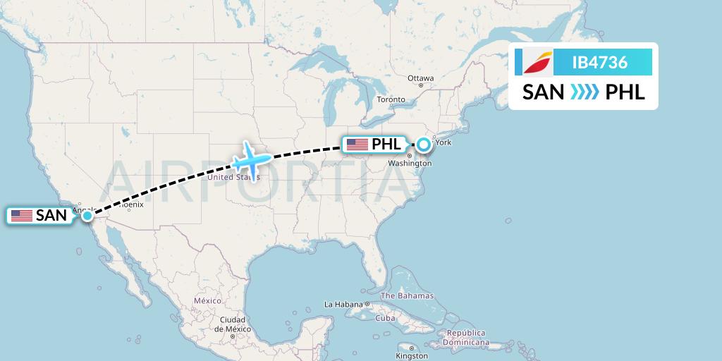 IB4736 Iberia Flight Map: San Diego to Philadelphia