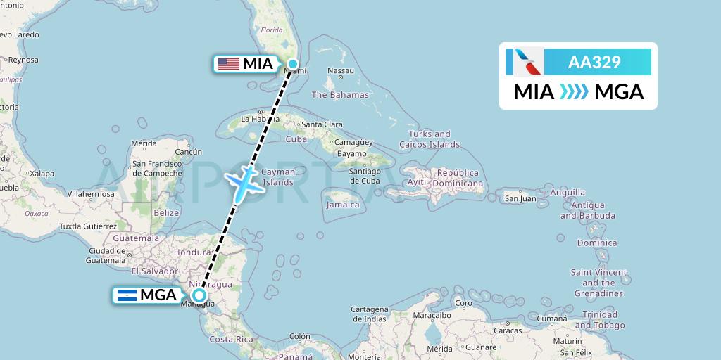 AA329 American Airlines Flight Map: Miami to Managua
