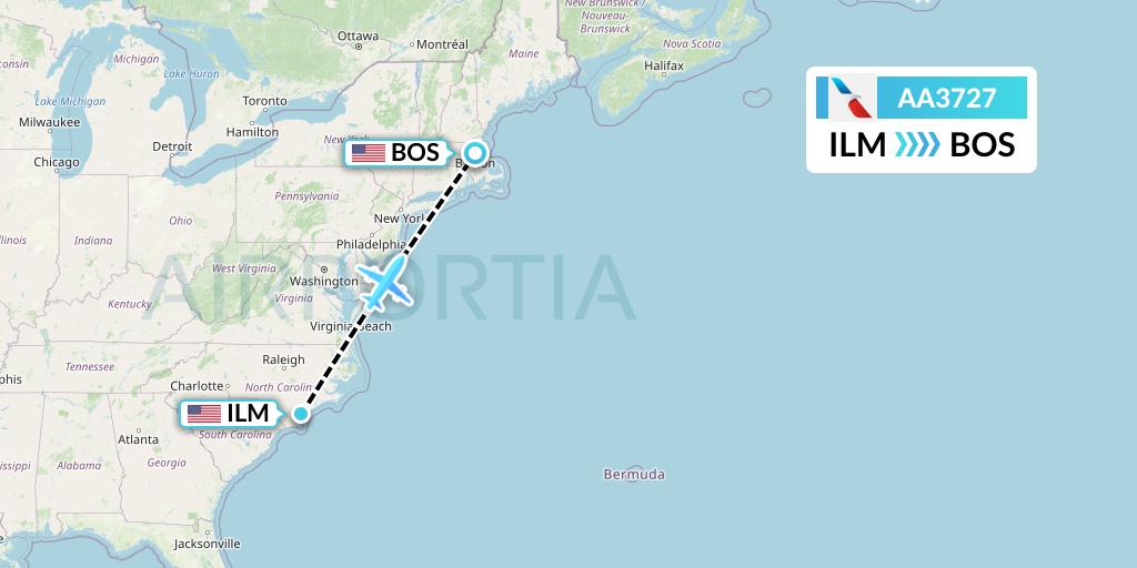 AA3727 American Airlines Flight Map: Wilmington to Boston