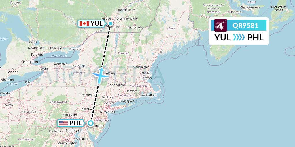 QR9581 Qatar Airways Flight Map: Montreal to Philadelphia