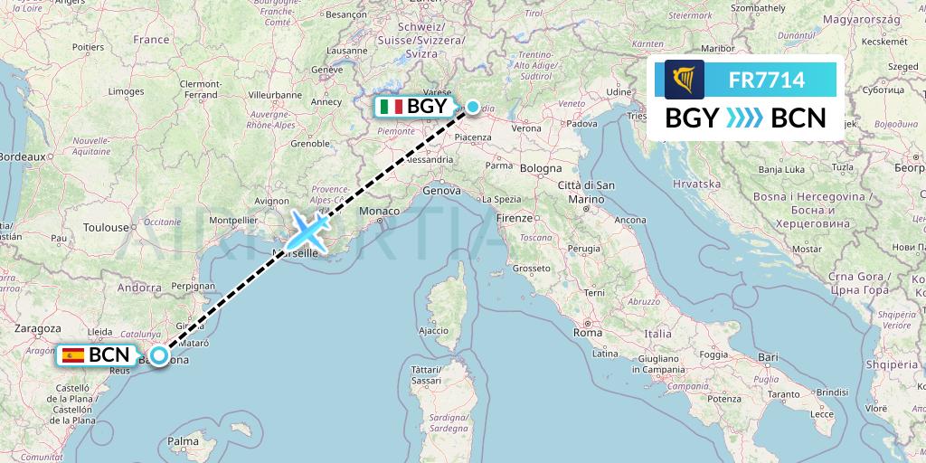 FR7714 Ryanair Flight Map: Milan to Barcelona