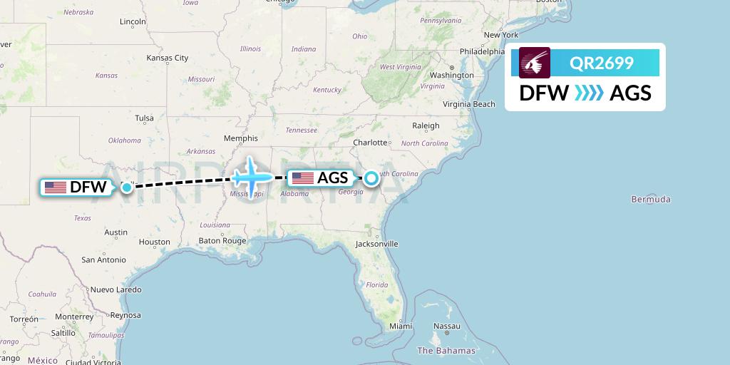 QR2699 Qatar Airways Flight Map: Dallas to Augusta