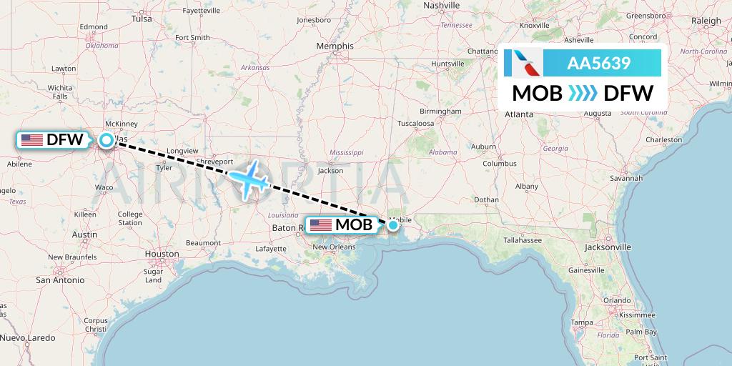 AA5639 American Airlines Flight Map: Mobile to Dallas