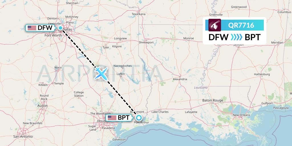 QR7716 Qatar Airways Flight Map: Dallas to Beaumont