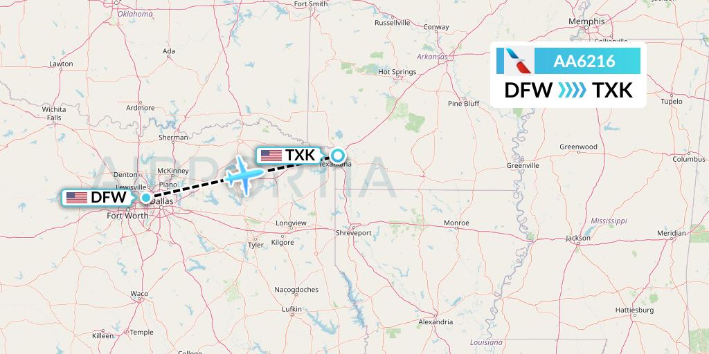 AA6216 American Airlines Flight Map: Dallas to Texarkana
