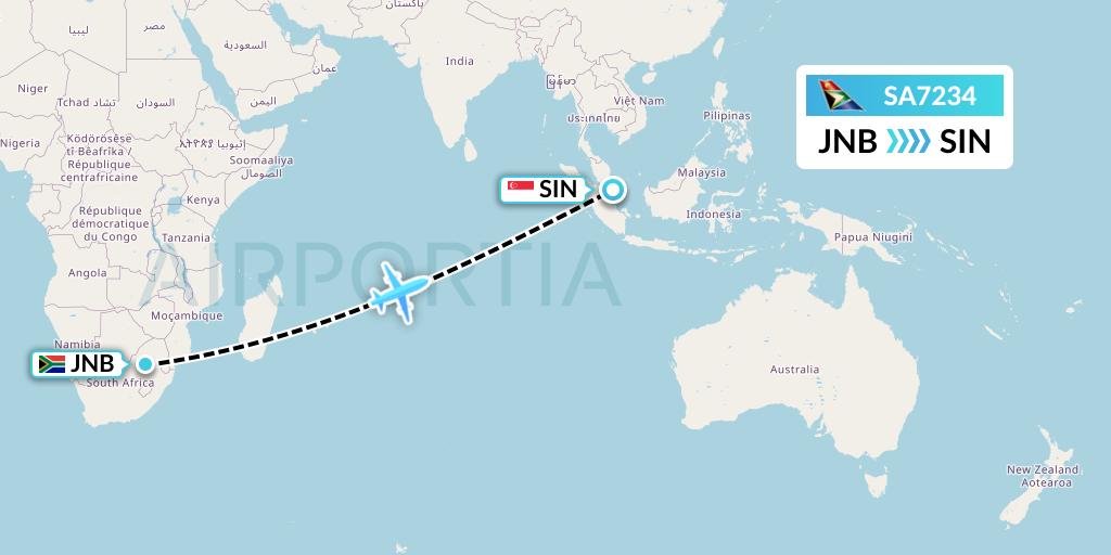 SA7234 South African Airways Flight Map: Johannesburg to Singapore