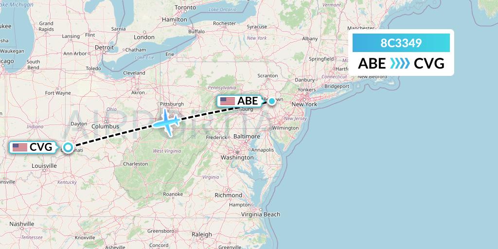 8C3349 Air Transport International Flight Map: Allentown to Cincinnati
