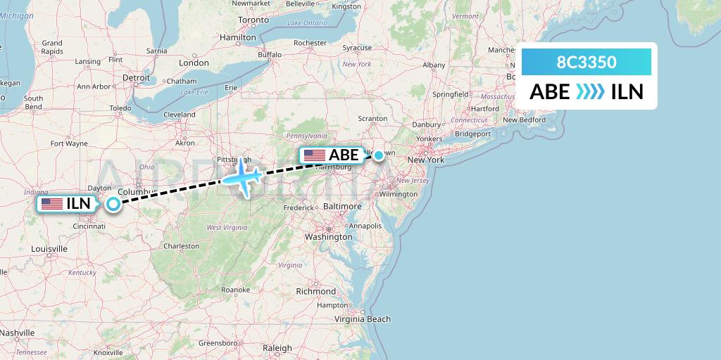 8C3350 Air Transport International Flight Map: Allentown to Wilmington