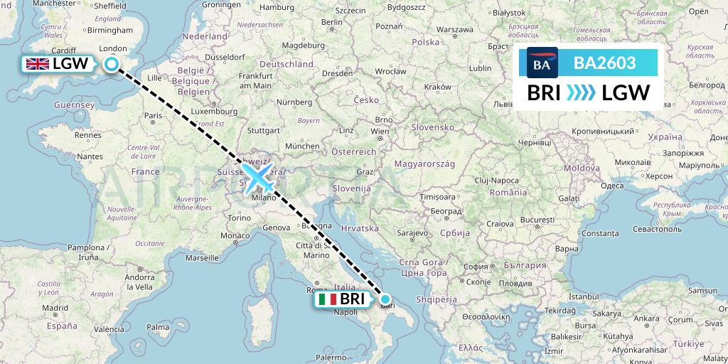 BA2603 British Airways Flight Map: Bari to London