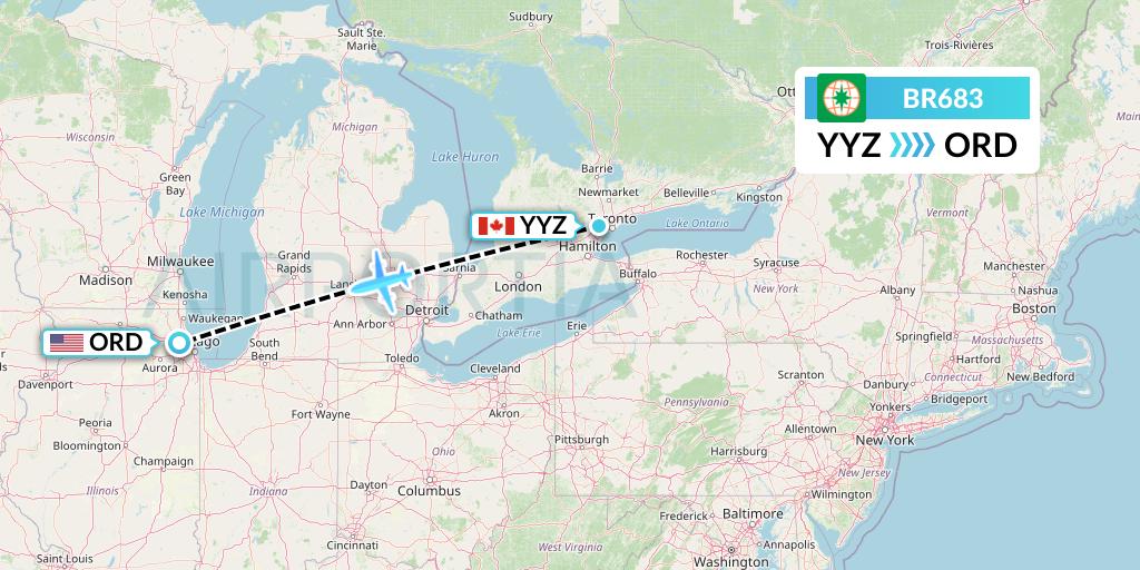 BR683 EVA Air Flight Map: Toronto to Chicago