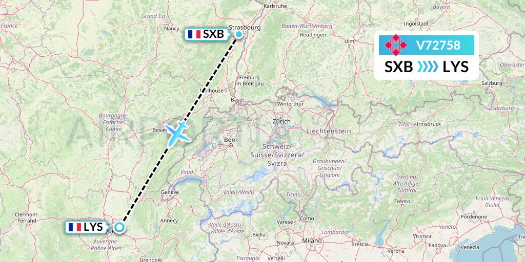 V72758 Volotea Flight Map: Strasbourg to Lyon