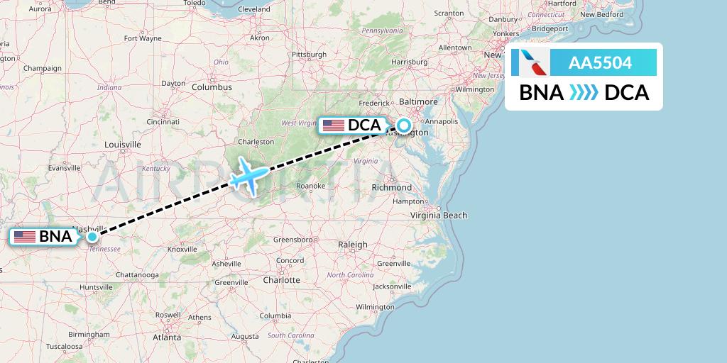 AA5504 American Airlines Flight Map: Nashville to Washington