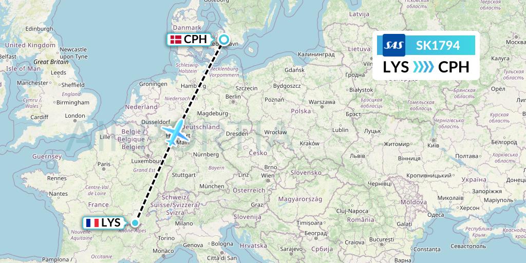 SK1794 SAS Flight Map: Lyon to Copenhagen