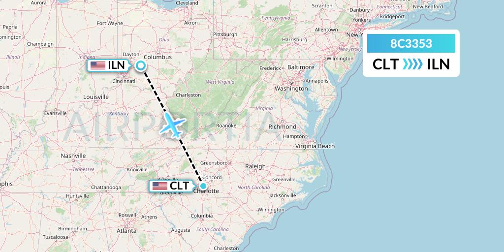 8C3353 Air Transport International Flight Map: Charlotte to Wilmington