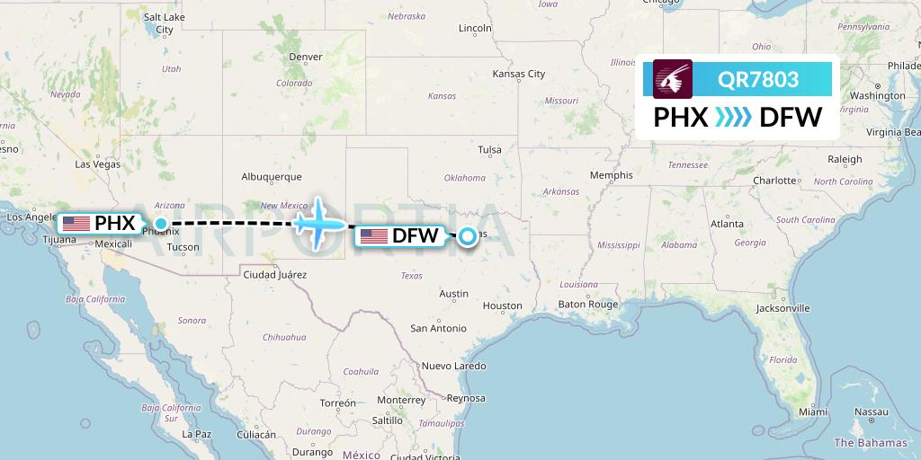 QR7803 Qatar Airways Flight Map: Phoenix to Dallas