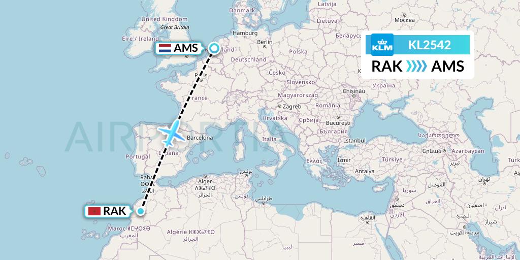 KL2542 KLM Flight Map: Marrakesh to Amsterdam