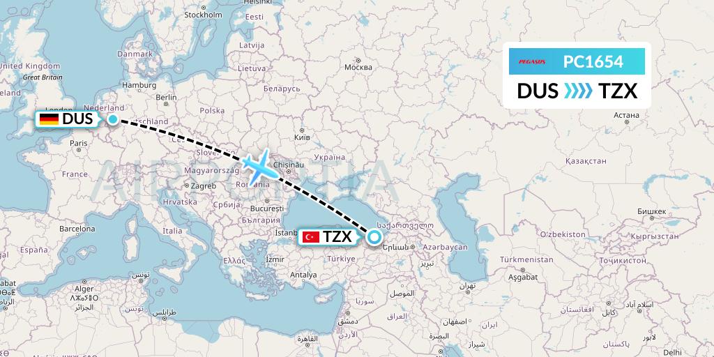 PC1654 Pegasus Airlines Flight Map: Dusseldorf to Trabzon