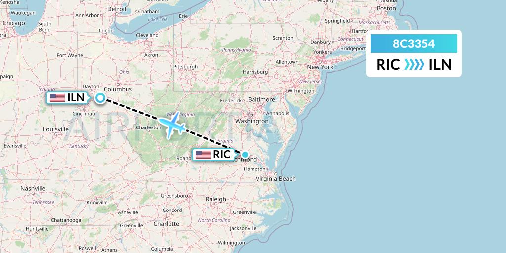 8C3354 Air Transport International Flight Map: Richmond to Wilmington