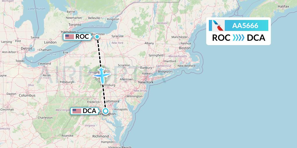 AA5666 American Airlines Flight Map: Rochester to Washington