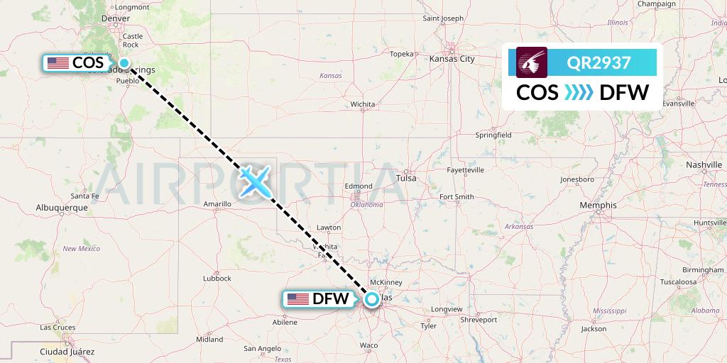 QR2937 Qatar Airways Flight Map: Colorado Springs to Dallas
