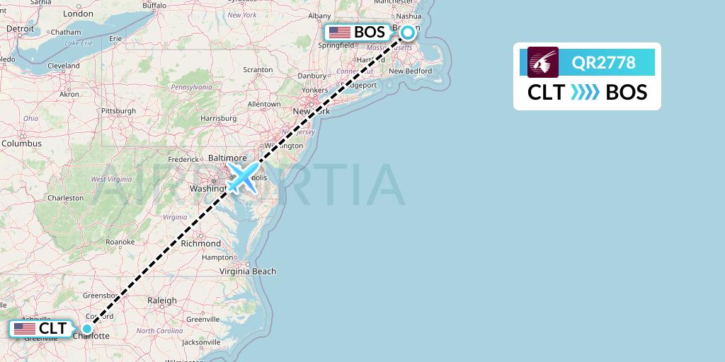 QR2778 Qatar Airways Flight Map: Charlotte to Boston