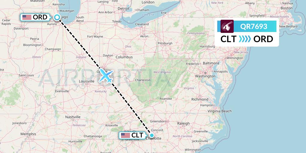QR7693 Qatar Airways Flight Map: Charlotte to Chicago