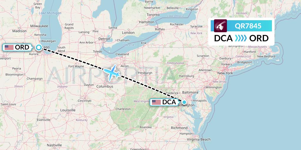 QR7845 Qatar Airways Flight Map: Washington to Chicago