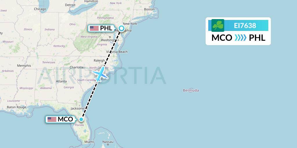 EI7638 Aer Lingus Flight Map: Orlando to Philadelphia