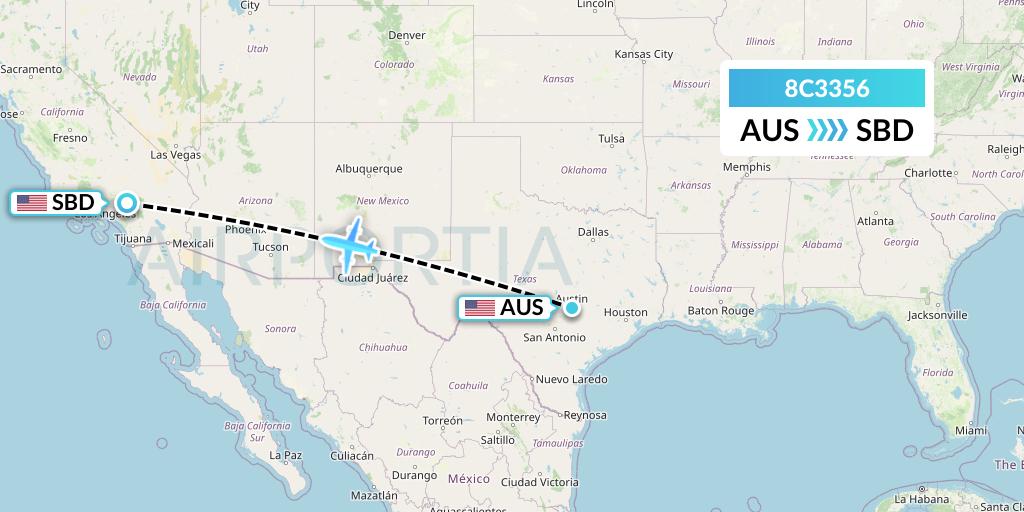 8C3356 Air Transport International Flight Map: Austin to San Bernardino