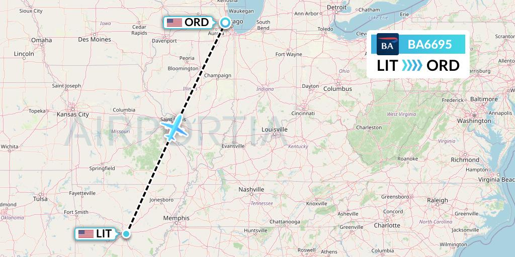 BA6695 British Airways Flight Map: Little Rock to Chicago
