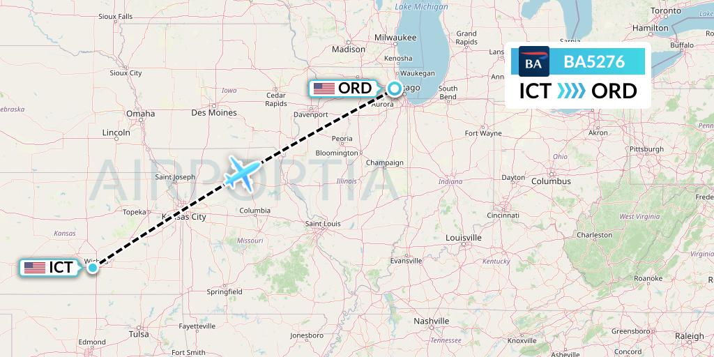 BA5276 British Airways Flight Map: Wichita to Chicago