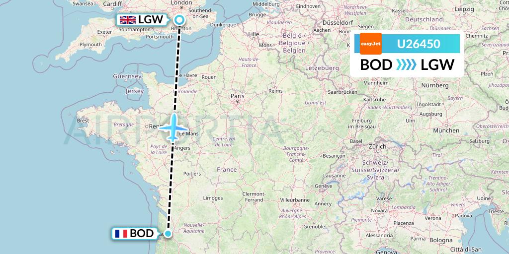 U26450 EasyJet Flight Map: Bordeaux to London